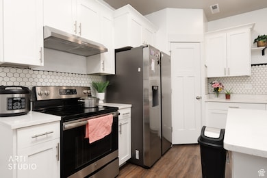 Kitchen with backsplash, appliances with stainless steel finishes, under cabinet range hood, and white cabinets