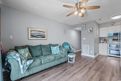 Living area featuring visible vents, baseboards, a