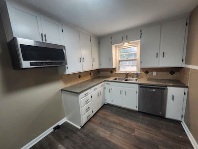 Kitchen featuring white cabinets, stainless steel appliances, dark wood-style flooring, and decorative backsplash