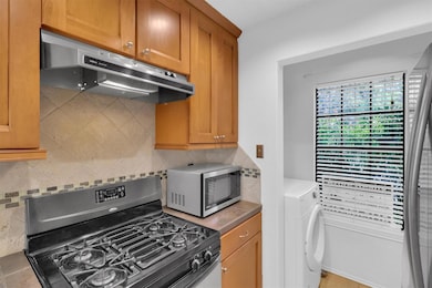 Kitchen with decorative backsplash, brown cabinet
