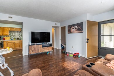 Living room with a textured ceiling and dark hardw