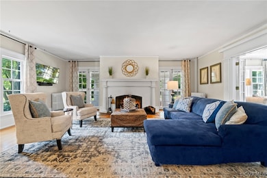 Living room with wood-burning fireplace