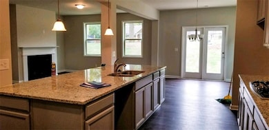Kitchen with dishwashing machine, dark wood-type flooring, light stone counters, and hanging light fixtures