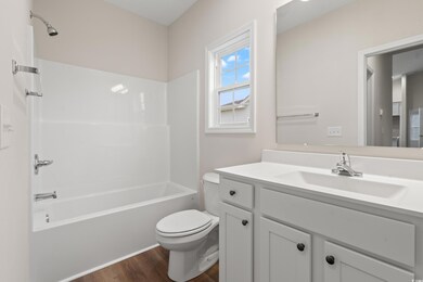 Bathroom featuring bathing tub / shower combination, dark wood-style flooring, and vanity