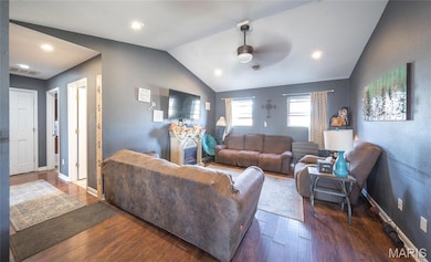 Living room featuring lofted ceiling, wood finished floors, ceiling fan, recessed lighting, and a textured wall