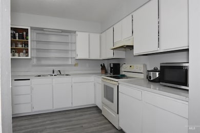 Kitchen with electric range, stainless steel microwave, under cabinet range hood, open shelves, and light countertops