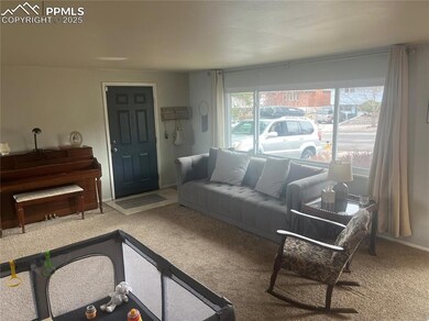 Living area with carpet floors