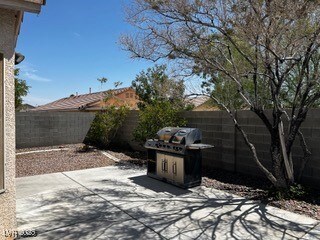 Fenced backyard featuring a patio and grilling area