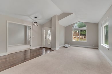 Entrance foyer featuring lofted ceiling, carpet, and wood finished floors