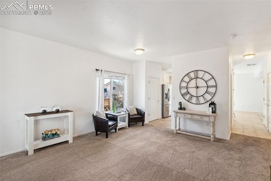 Living area with light carpet
