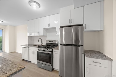 Kitchen with stainless steel appliances, light stone countertops, white cabinets, and light wood-style flooring