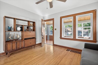 Living room with oak hardwood flooring.