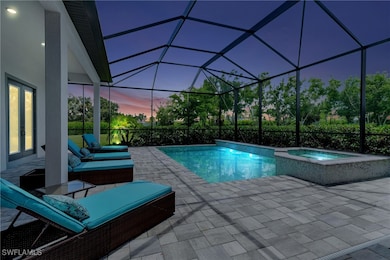 Pool at dusk with salt water pool and hot tub, scr