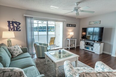 Living room with dark hardwood / wood-style floori