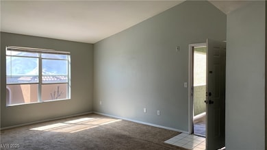 Carpeted empty room featuring baseboards and vault