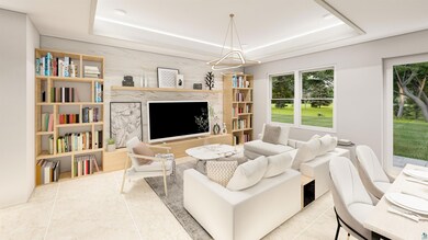 Tiled living room with a raised ceiling and a premium fireplace