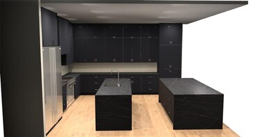 Kitchen featuring dark cabinets, modern cabinets, dark countertops, and light wood-type flooring
