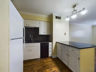 Kitchen with a peninsula, a sink, dark countertop