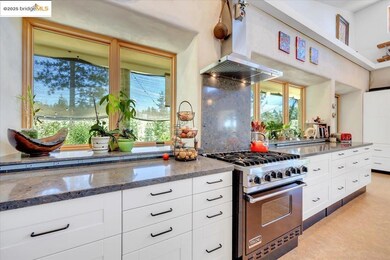 Kitchen featuring high end stainless steel range oven, island exhaust hood, white cabinets, and dark stone countertops