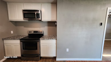 Kitchen with stainless steel appliances, white cabinetry, dark wood finished floors, and dark stone counters