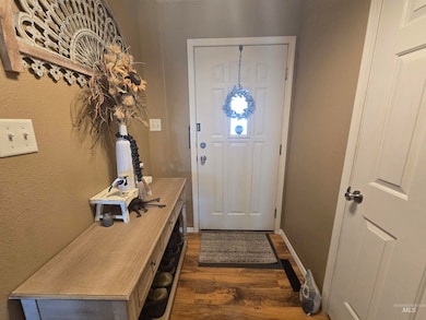 Foyer entrance with dark wood finished floors and baseboards