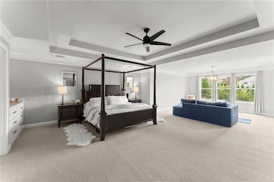Bedroom featuring a raised ceiling, baseboards, li