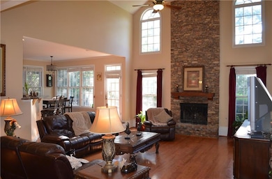 Living room featuring high vaulted ceiling, ceilin