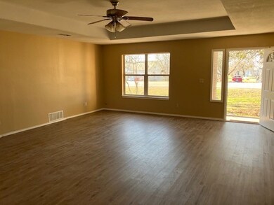 Spare room featuring a tray ceiling, plenty of natural light, dark wood-type flooring, and a ceiling fan