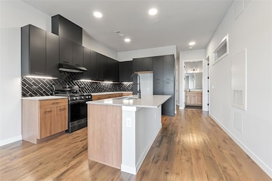 Kitchen with stainless steel range with gas cookt