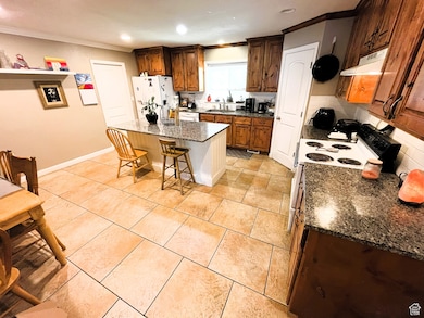 Kitchen with under cabinet range hood, white appliances, a sink, crown molding, and a granite slab island
