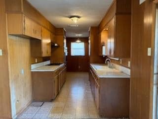 Unfurnished living room featuring wood walls, sink, carpet, and a textured ceiling