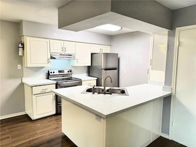 Kitchen w/Porcelain wood-style flooring, stainless steel appliances, tasteful backsplash, under cabinet range hood, and a sink
