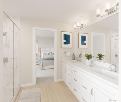 Bathroom with luxurious shower, double vanity, ensuite bath, and tile flooring