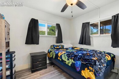 Bedroom featuring multiple windows, ceiling fan, a baseboard heating unit, and light hardwood / wood-style flooring