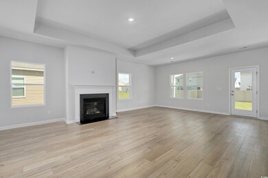 Unfurnished living room with a tray ceiling and li