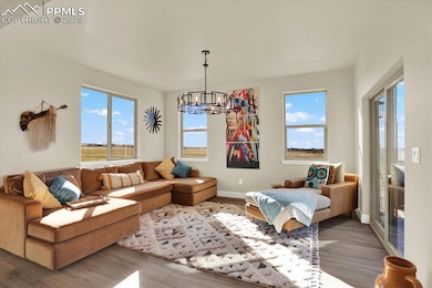Living area featuring a chandelier, wood finished floors, and baseboards