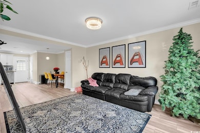 Living room featuring ornamental molding and light wood-type flooring