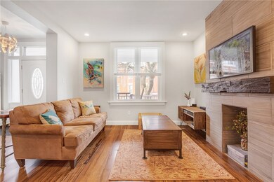 Note the modern fireplace blends perfectly into th