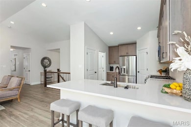 Kitchen with sink, vaulted ceiling, light hardwood / wood-style flooring, appliances with stainless steel finishes, and kitchen peninsula