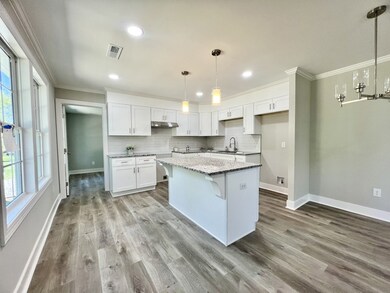 View as you walk in the front door to the left. The cabinets are new along with the island. The dining room table would go under the light in the picture.   Bar stools would be nice at the island too.