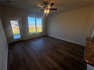 Unfurnished room featuring dark wood-style floors, plenty of natural light, and a ceiling fan