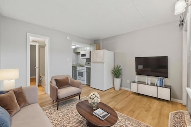 Living room with light wood finished floors and baseboards