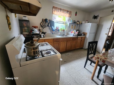 Kitchen with white appliances, ventilation hood, light countertops, a sink, and brown cabinets