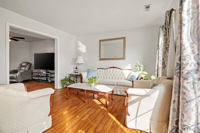Living area featuring ceiling fan, and wood lamina