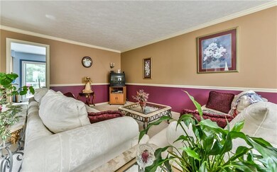 Living room features crown molding and chair rail.