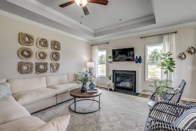 Living room with a ceiling fan, healthy amount of 