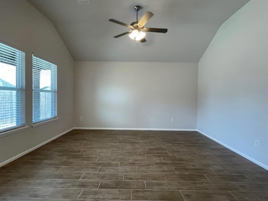 Empty room featuring lofted ceiling, wood finish floors, and ceiling fan