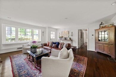 Living room featuring crown molding and dark wood-style flooring