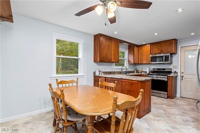 Kitchen featuring ceiling fan, stainless steel appliances, light stone look counters, and sink, newer vinyl flooring, new amish built wood cabinets, newer vinyl replacement windows