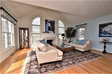 Light filled Great room with wood floors and firep